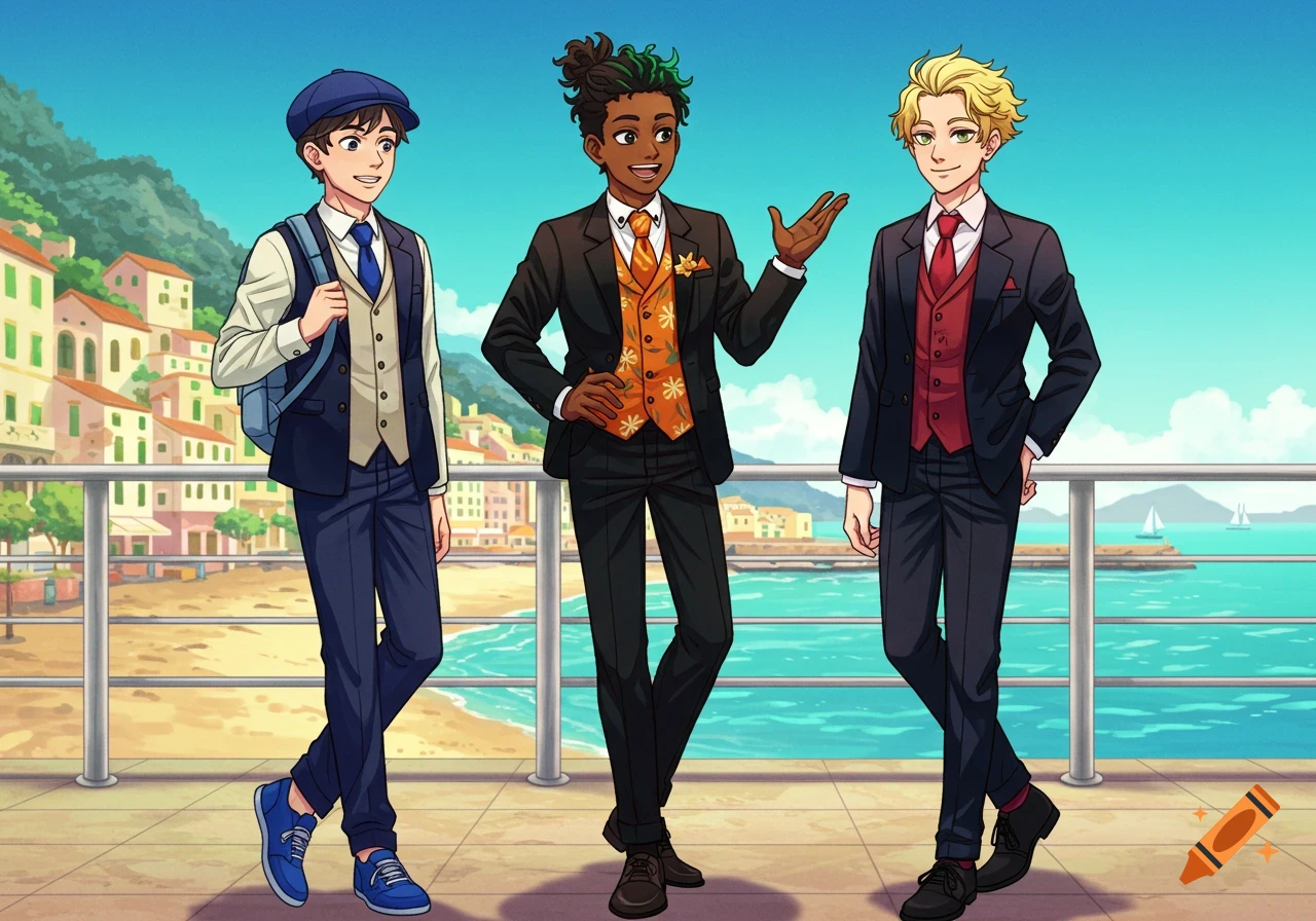 Three young men in suits stand on a seaside promenade in anime style.