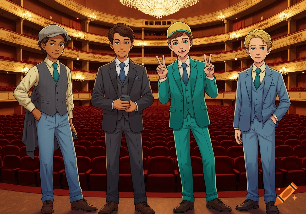 Four anime-style teenage boys in suits pose in a theatre.