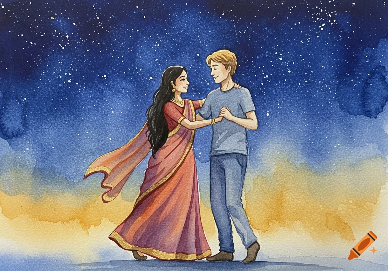 A watercolor painting of an Indian woman and a white man dancing under a starry night sky.