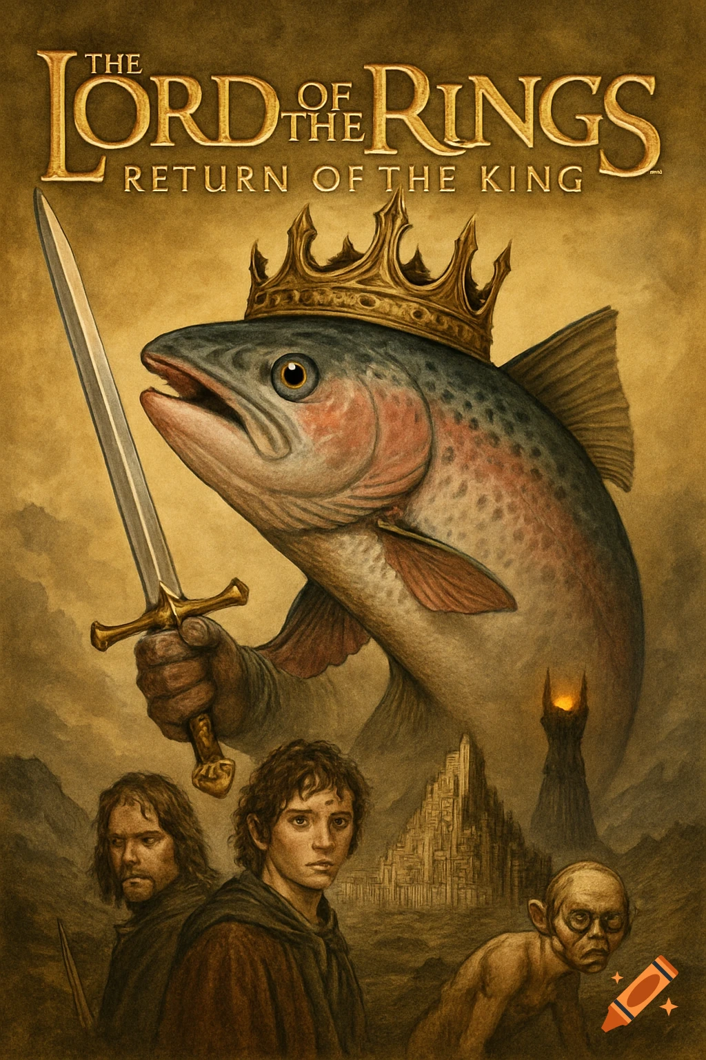 Fantasy movie poster parody with a crowned salmon holding a sword, LotR characters, and landscapes.