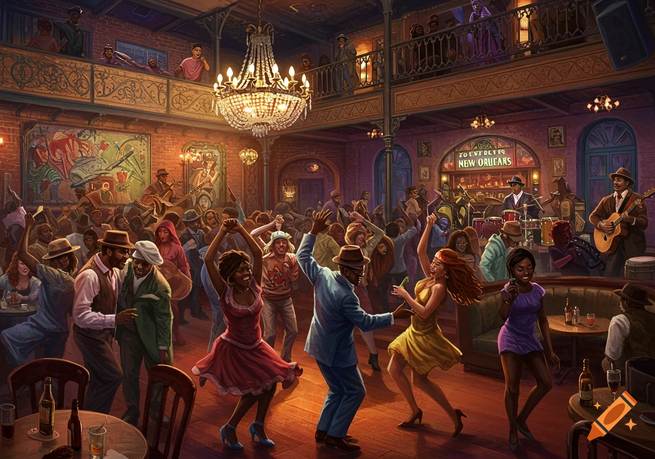 Lively scene in a New Orleans themed night club with people dancing and a band playing.