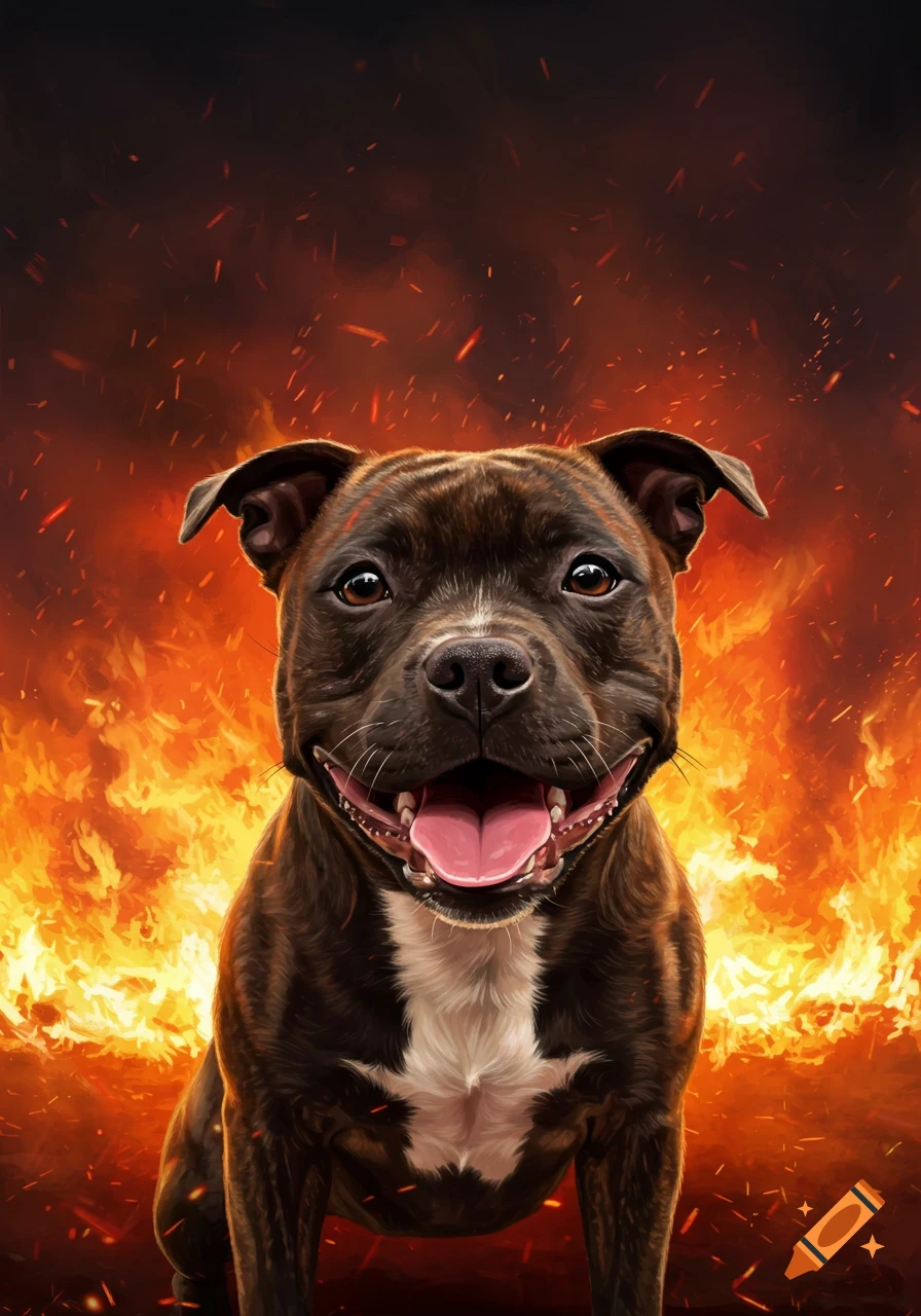 A happy staffie dog portrait against a background of fire.