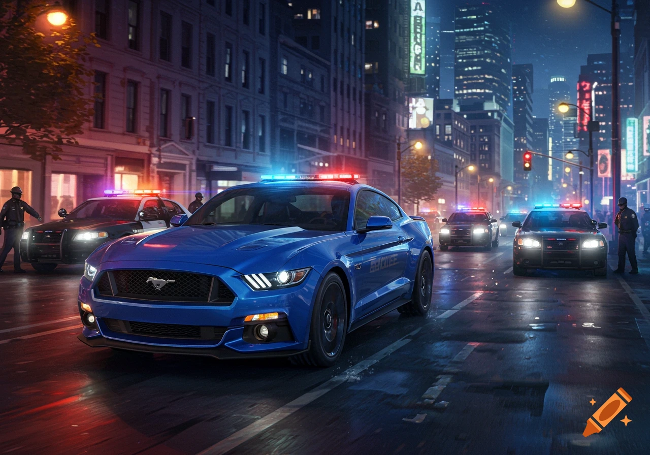 Blue Ford Mustang police car and other police cars on a city street at night.