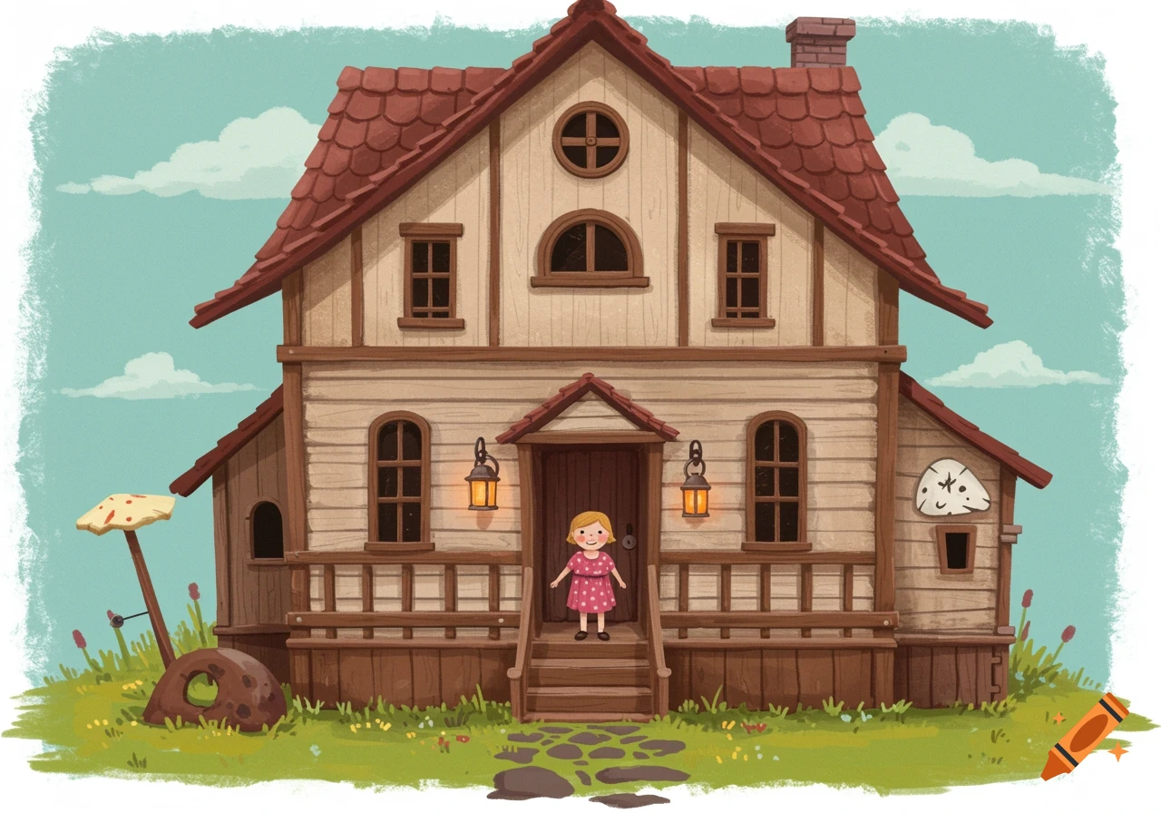 Cartoon illustration of a whimsical dollhouse with a little girl standing on the front steps in a grassy field.