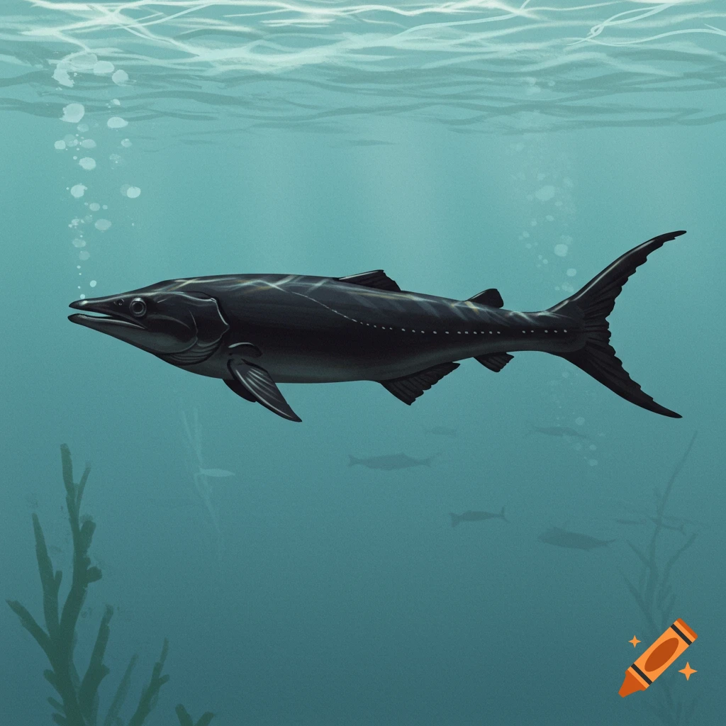 A dark fish swims underwater with bubbles and plants