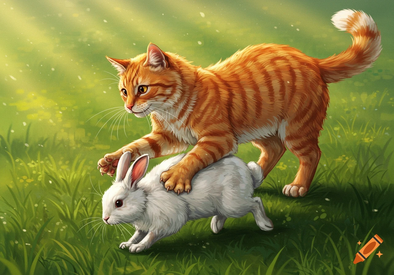 An orange tabby cat sits on the back of a running white rabbit in a grassy field, in an illustrated style.