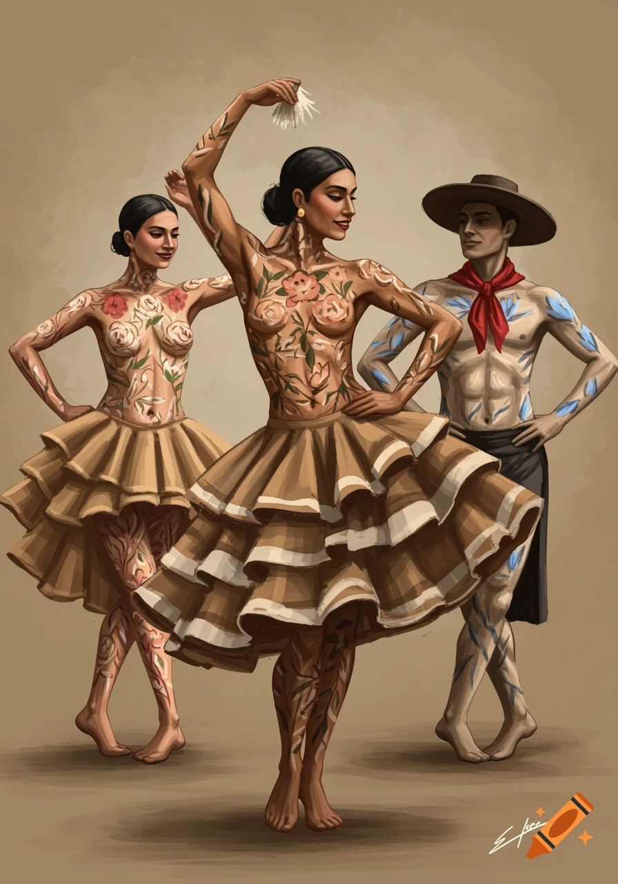 Three dancers in folkloric attire with body paint, performing on a brown background in a painterly style.