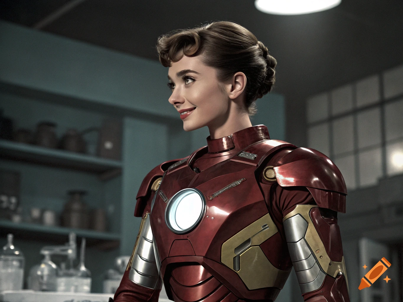 Photorealistic portrait of a woman resembling Audrey Hepburn wearing an Iron Man suit.