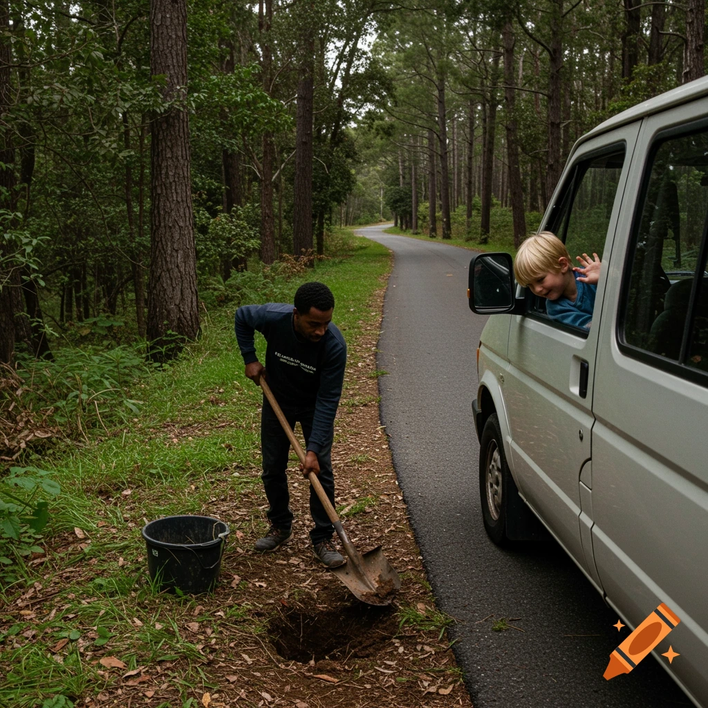 Man digging hole by road in forest while child waves from van window.