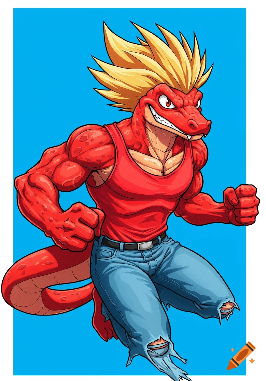 A muscular red cartoon lizard character with spiky blond hair wears a red tank top and torn blue jeans, jumping.