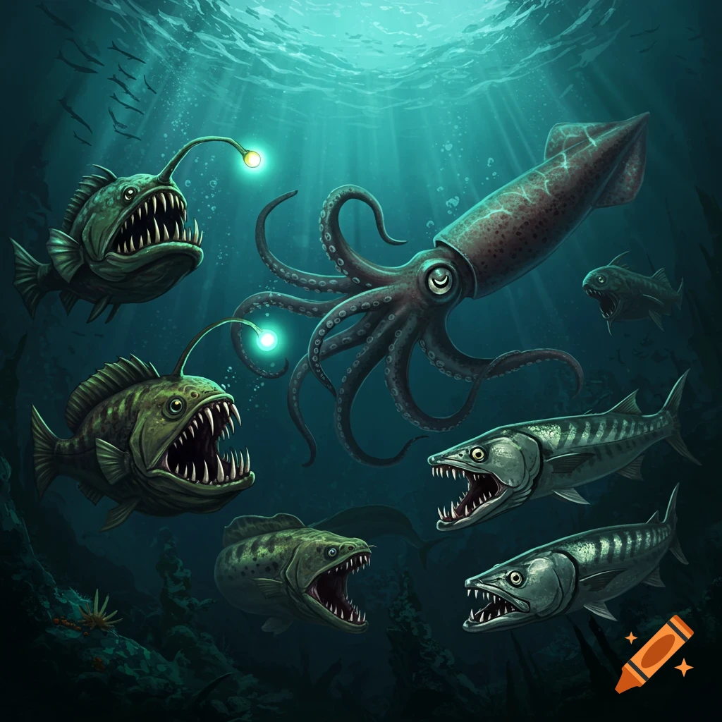 Illustration of various scary deep-sea creatures including anglerfish, a squid, and barracuda underwater.