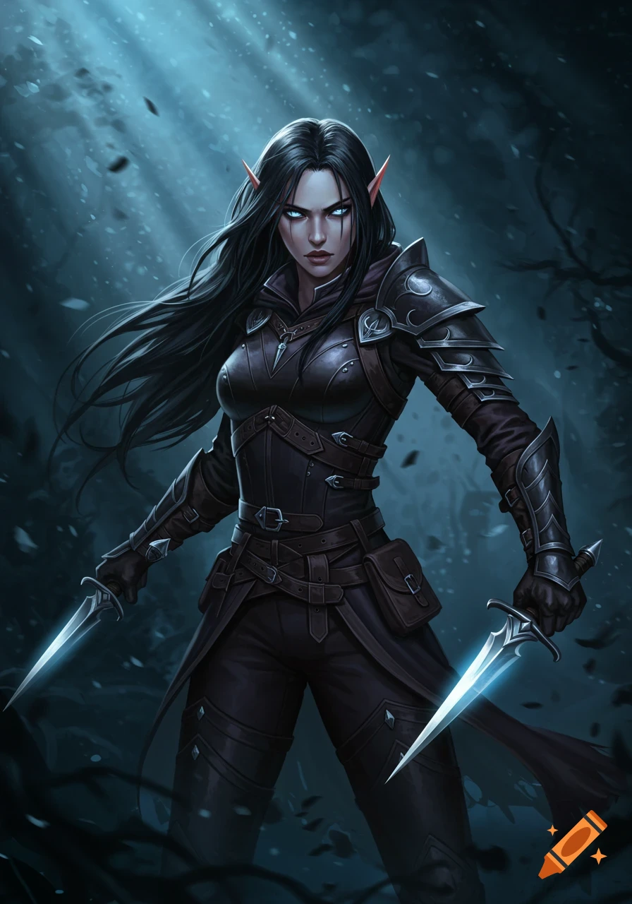 A female elven rogue in dark leather armor holds two glowing daggers ...