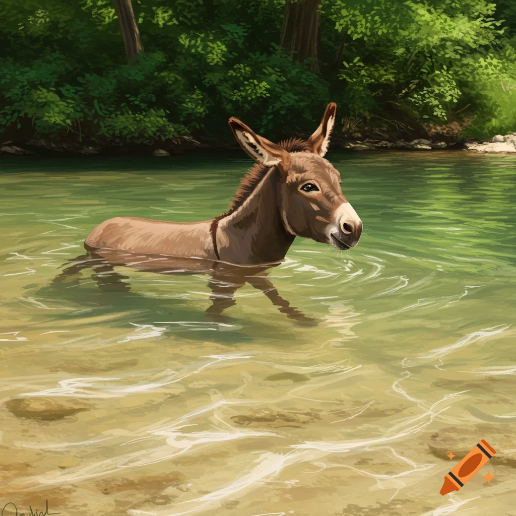A brown donkey stands in a shallow river with green trees in the background, digital painting.