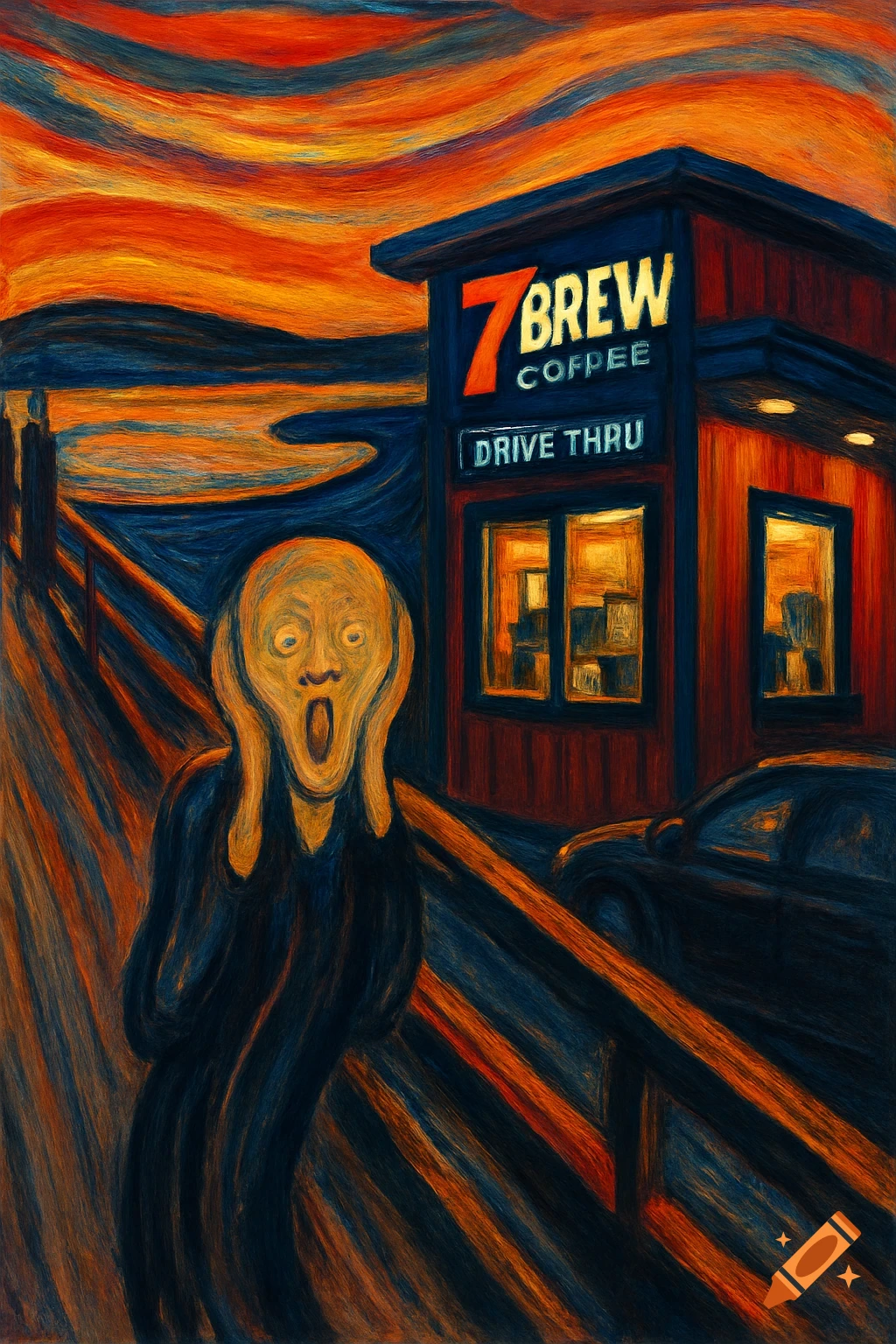Painting in the style of The Scream featuring figure on bridge near 7 Brew Coffee Drive Thru under dramatic sky.