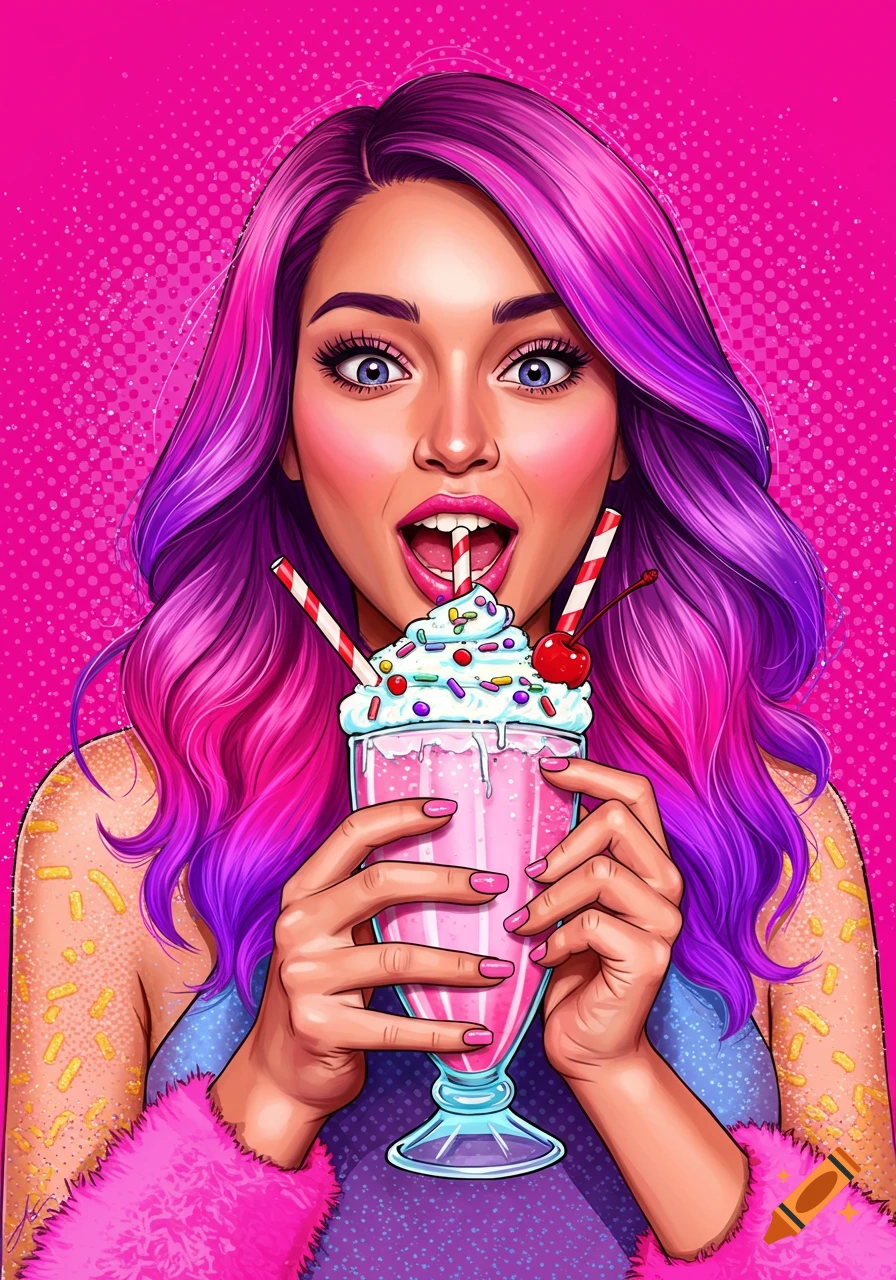 Pop art illustration of a woman with pink hair drinking a pink milkshake