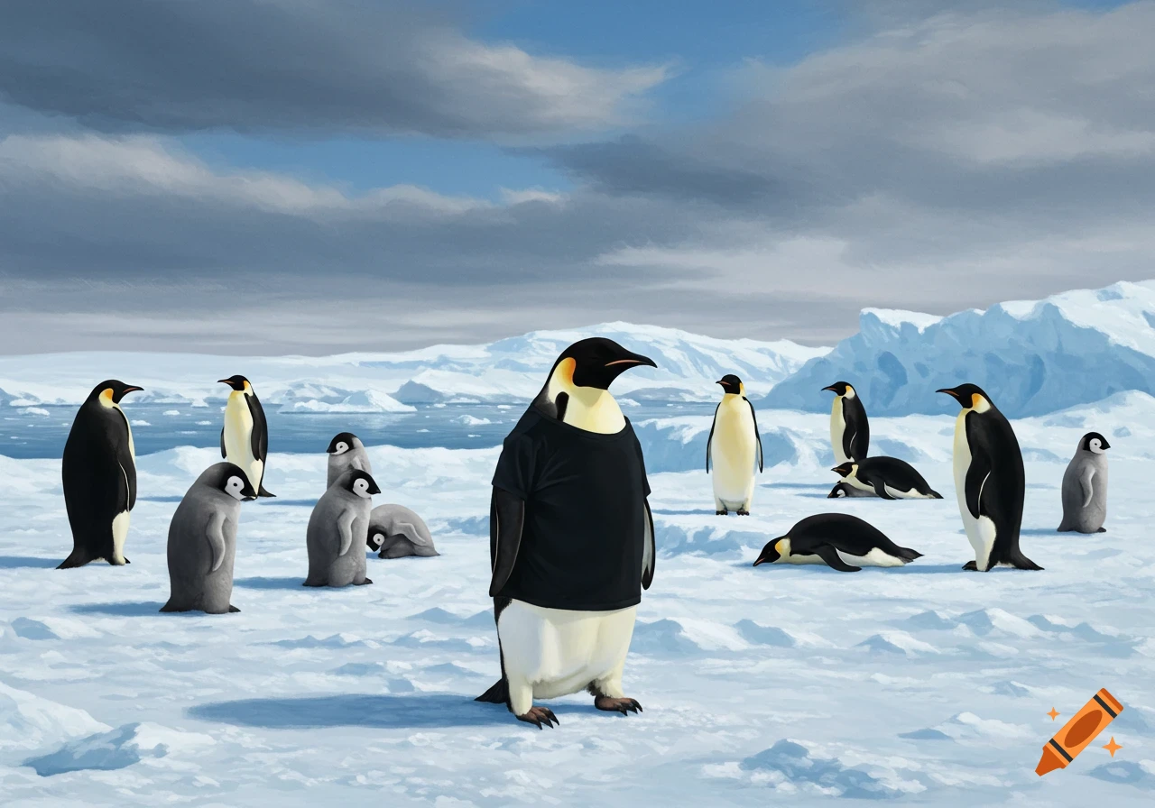 Illustration of penguins on ice, one in a black shirt standing among others.