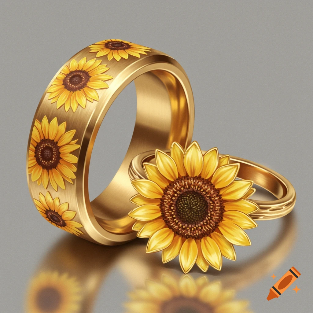 Two gold rings with sunflower designs, one band and one with a large top, on a grey surface with reflection.