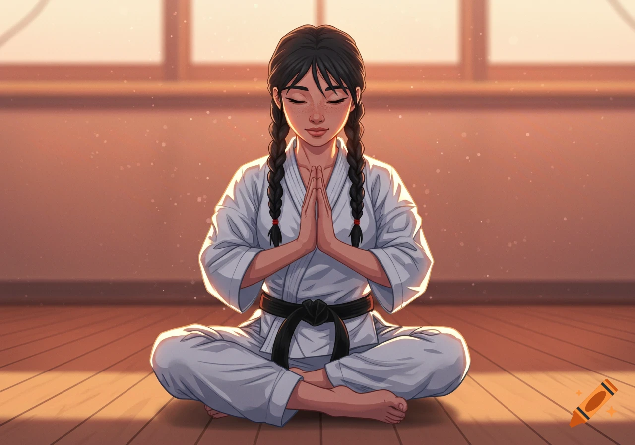 An anime style illustration of a girl in a karate gi meditating with hands together.