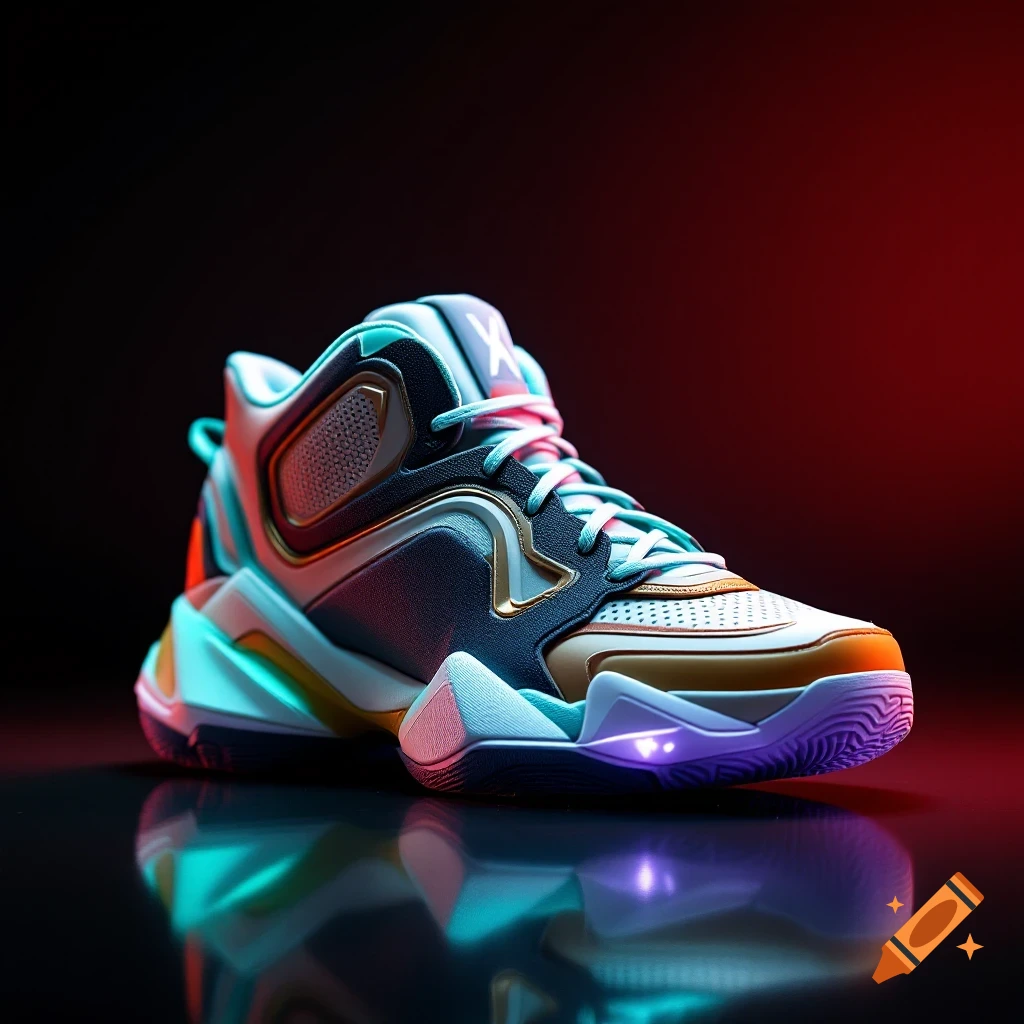 Realistic photo of a futuristic high-top athletic shoe with neon lighting.