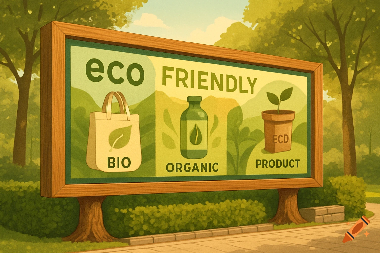 Illustration of an eco-friendly advertisement billboard in a park setting.