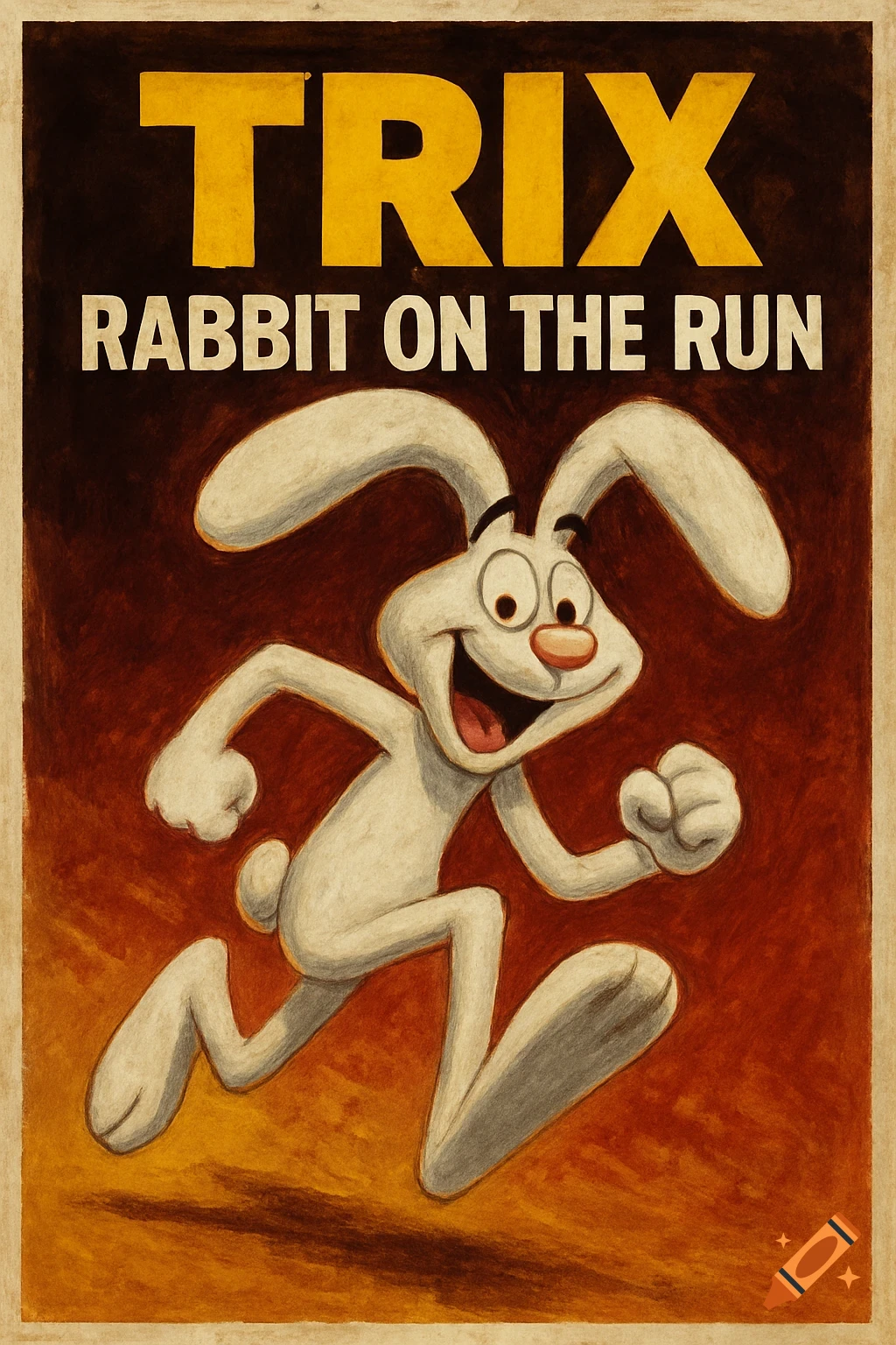 Cartoon Trix Rabbit runs on a movie poster titled "TRIX RABBIT ON THE RUN" with a painterly style.