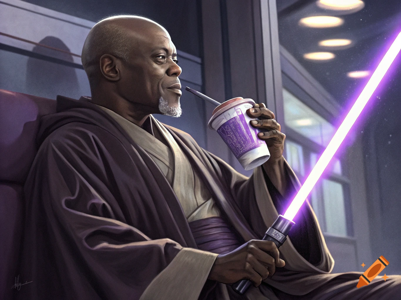 Mace Windu in Jedi robes sips from a purple double cup while holding a lightsaber, digital art.