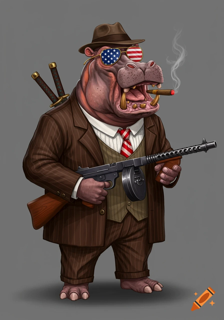 A hippopotamus dressed as a 1930s gangster, wearing American flag sunglasses, holding a Tommy gun, and smoking a cigar, in a comic book style.
