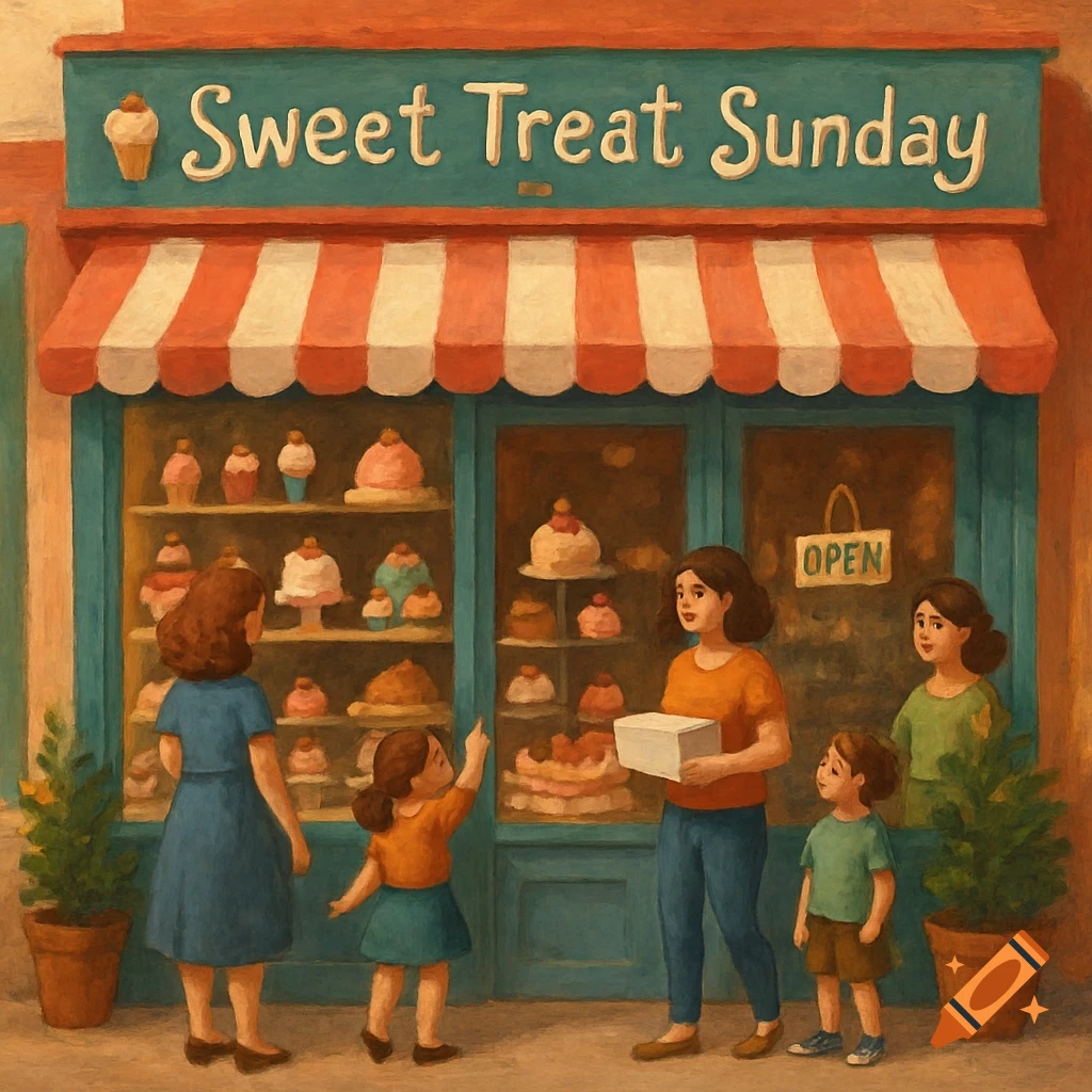 Painted illustration of people outside a bakery window with Sweet Treat Sunday sign.