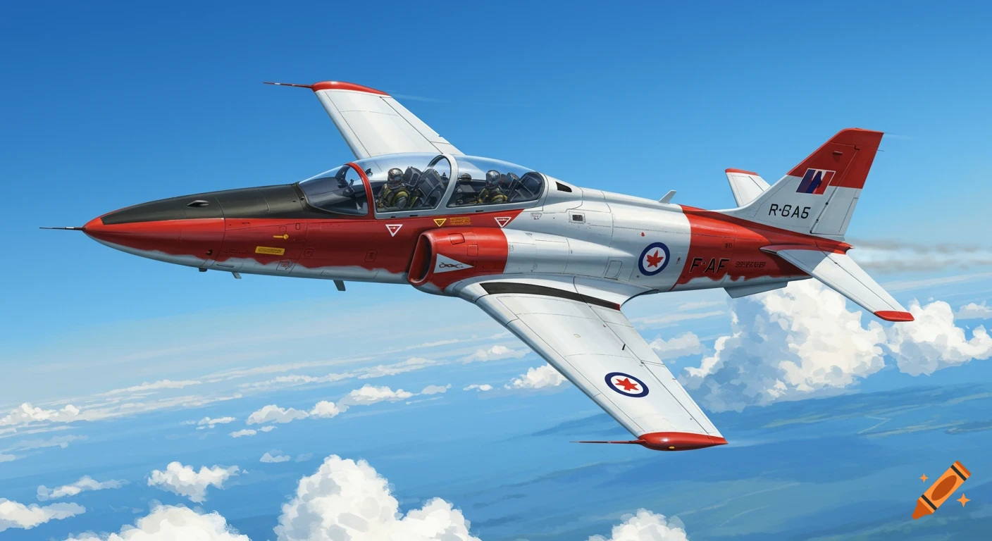 Canadian military jet aircraft flying above clouds