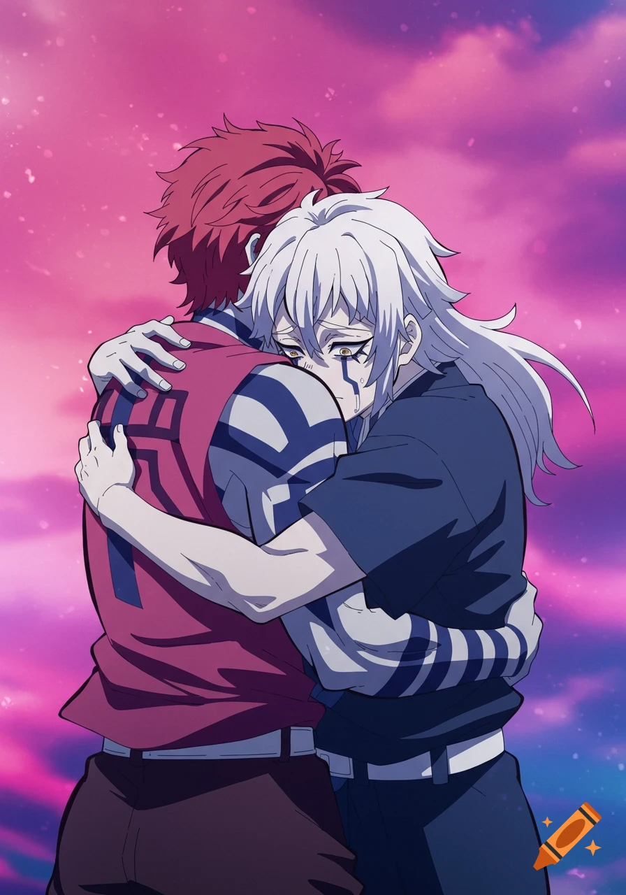 Two anime characters, one with red hair and a red shirt, the other with white hair and a blue shirt, hug against a colorful sky.