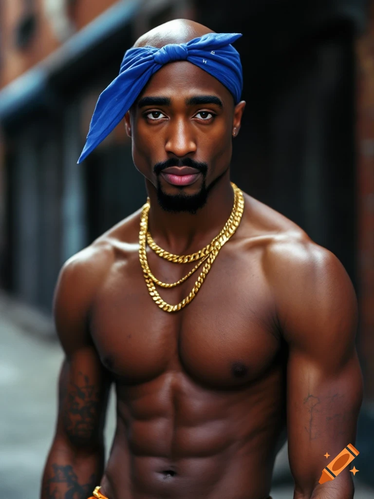 Portrait of a man resembling Tupac Shakur, shirtless, wearing blue bandana and gold chains.