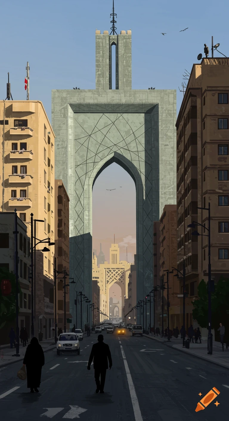 Stylized cityscape featuring a street leading towards a large ...