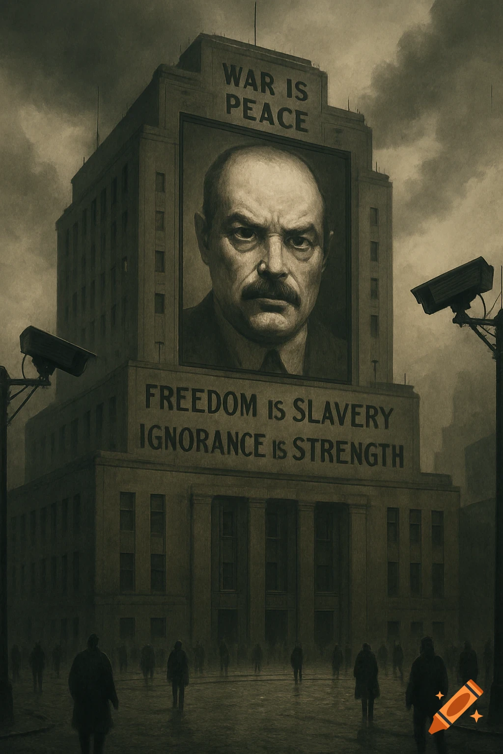 Dystopian building with giant portrait, propaganda slogans 'WAR IS PEACE', 'FREEDOM IS SLAVERY', 'IGNORANCE IS STRENGTH', surveillance cameras, and blurred figures in a dark, sepia-toned illustration style.