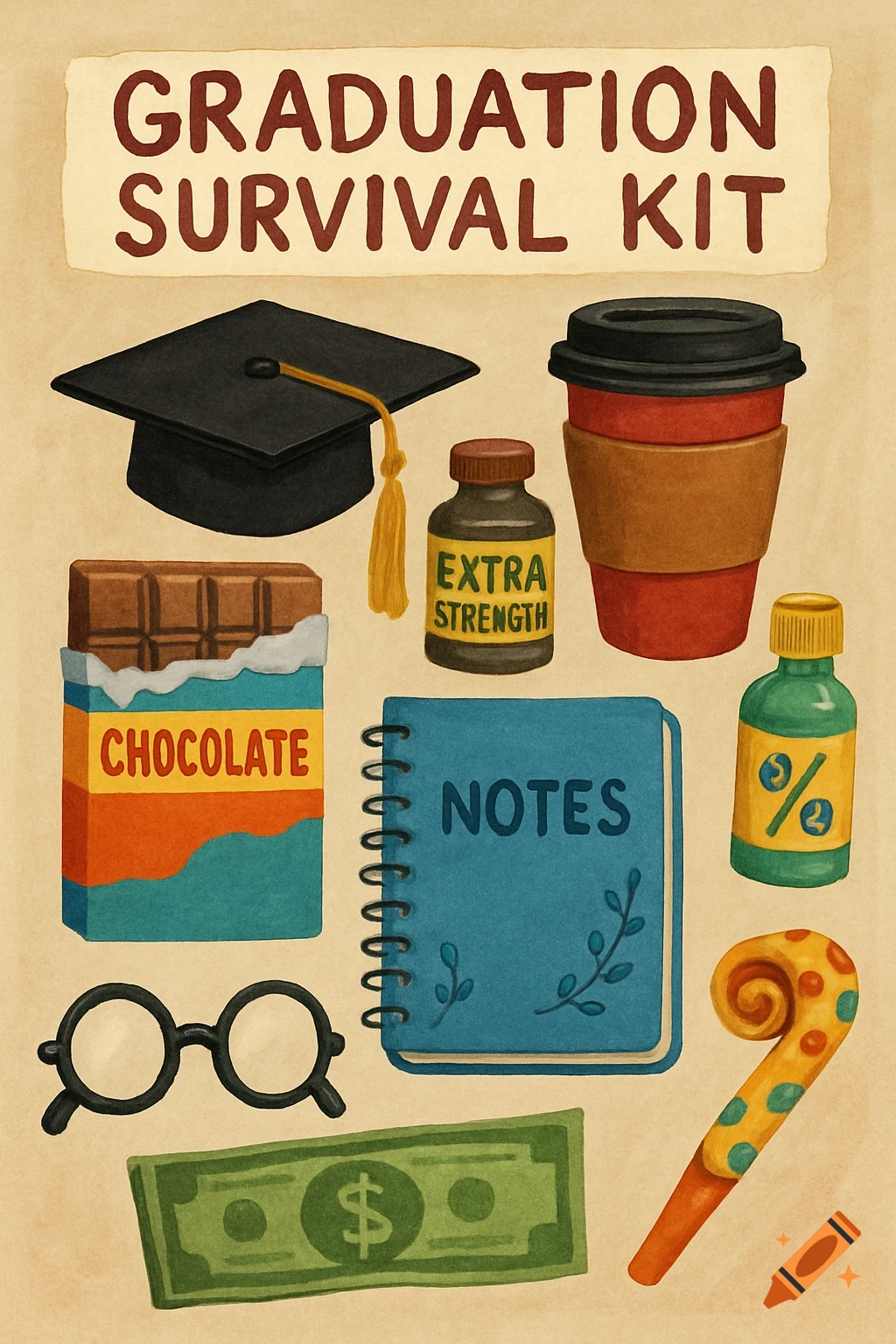Illustration of a graduation survival kit including cap, chocolate, coffee, notebook, money, glasses, and party horn.