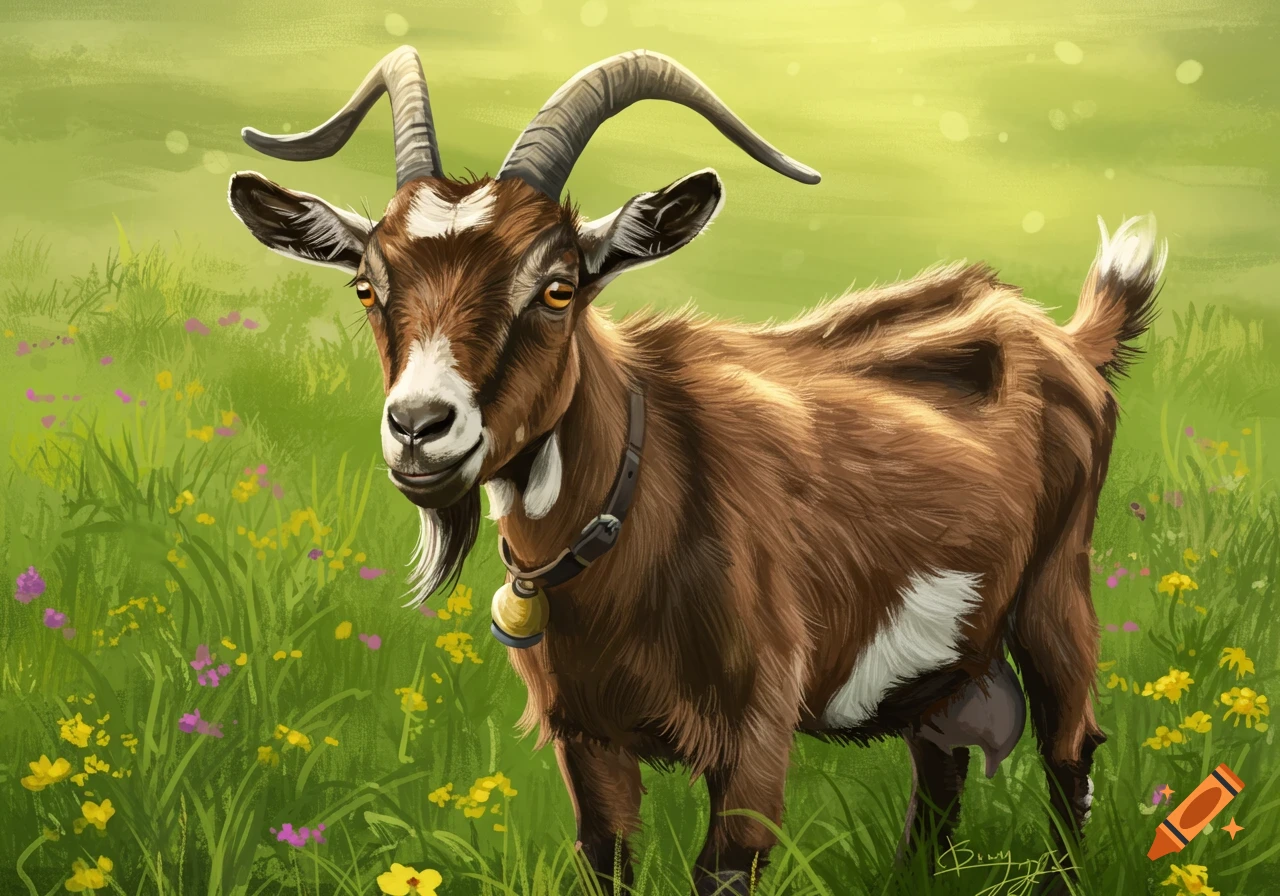 A brown goat with horns and a bell stands in a field of colorful wildflowers.