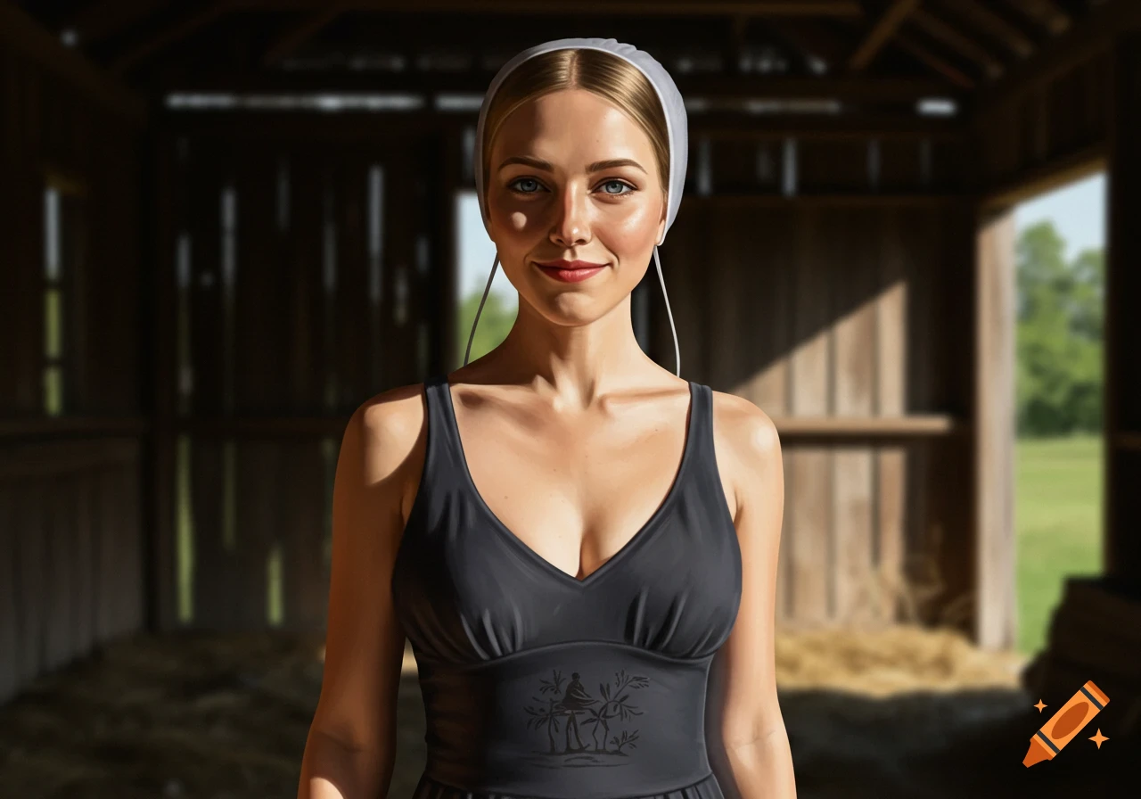 Photorealistic portrait of a woman in a black dress and white head covering standing in a barn.