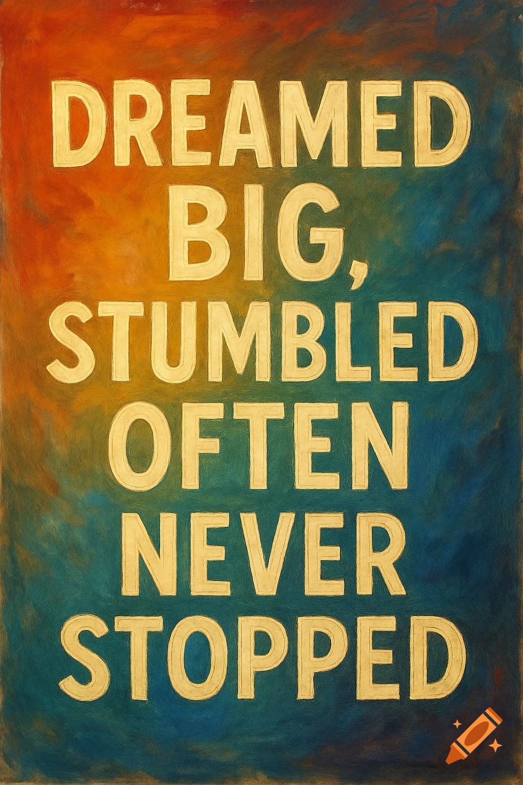 Motivational quote "Dreamed big, stumbled often, never stopped" on a textured painting background with orange, yellow, and blue tones.