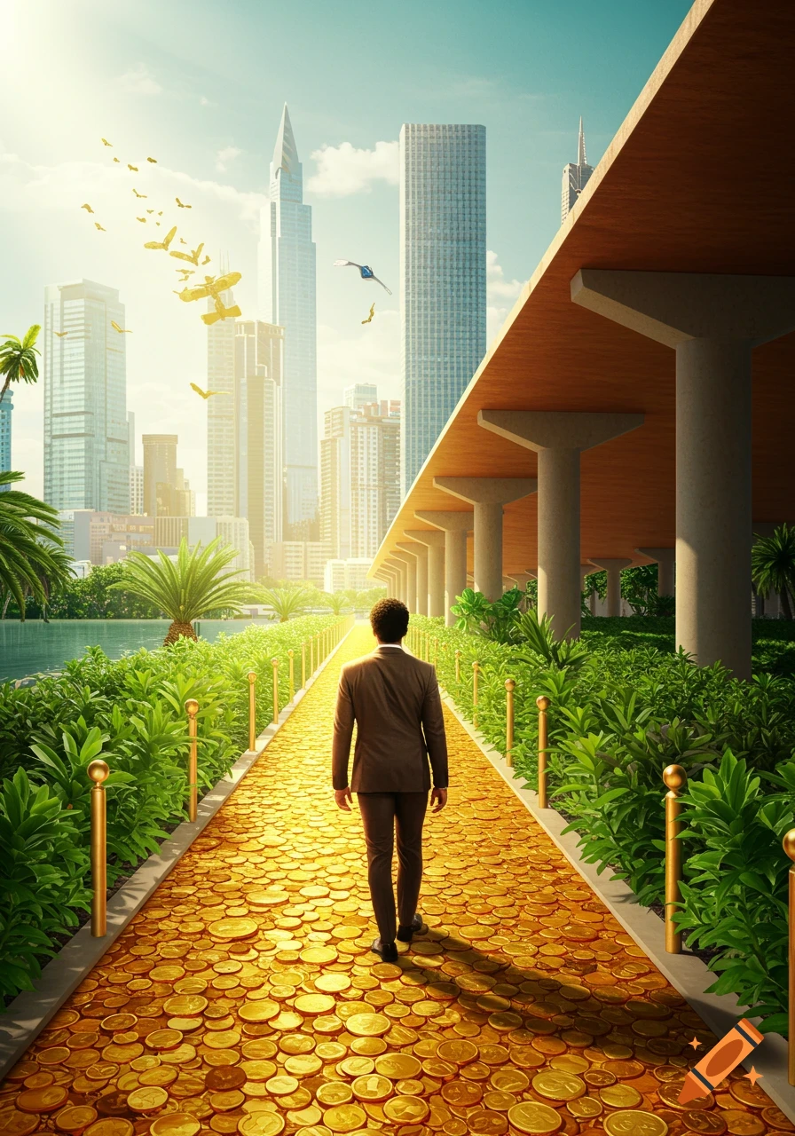 A man in a suit walks down a golden path made of coins towards a modern city skyline.