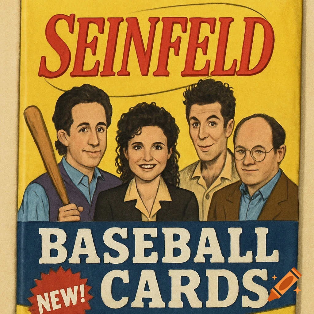 Cartoon illustration of the Seinfeld cast on a baseball card pack reading "SEINFELD BASEBALL CARDS NEW!".