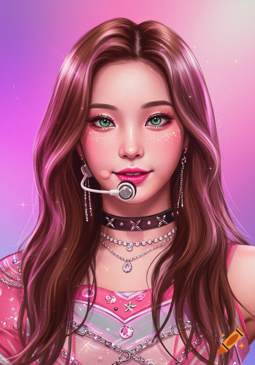 Portrait of a kpop idol with long brown hair, green eyes, pink makeup and sparkling accessories.
