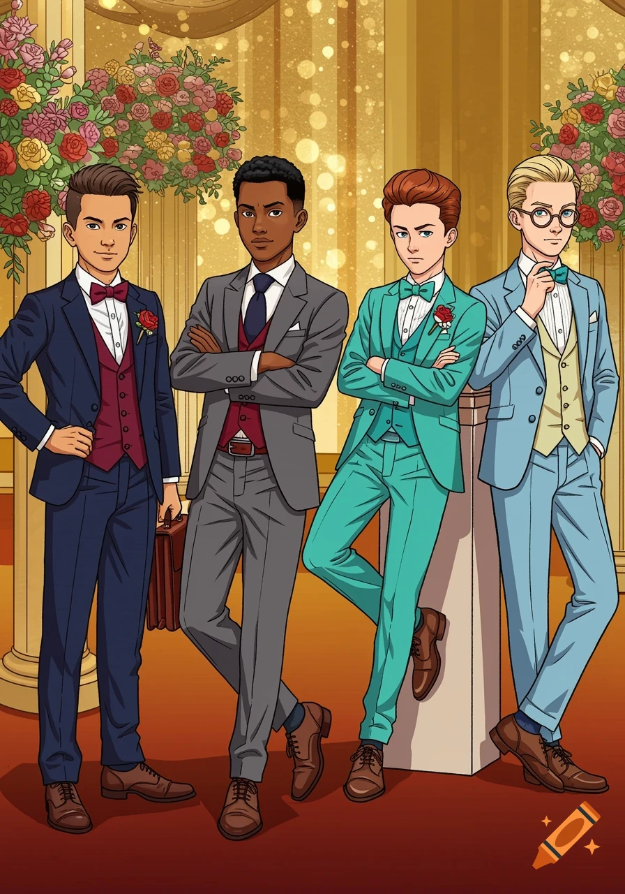 Anime-style illustration of four young men in tuxedos at an event.