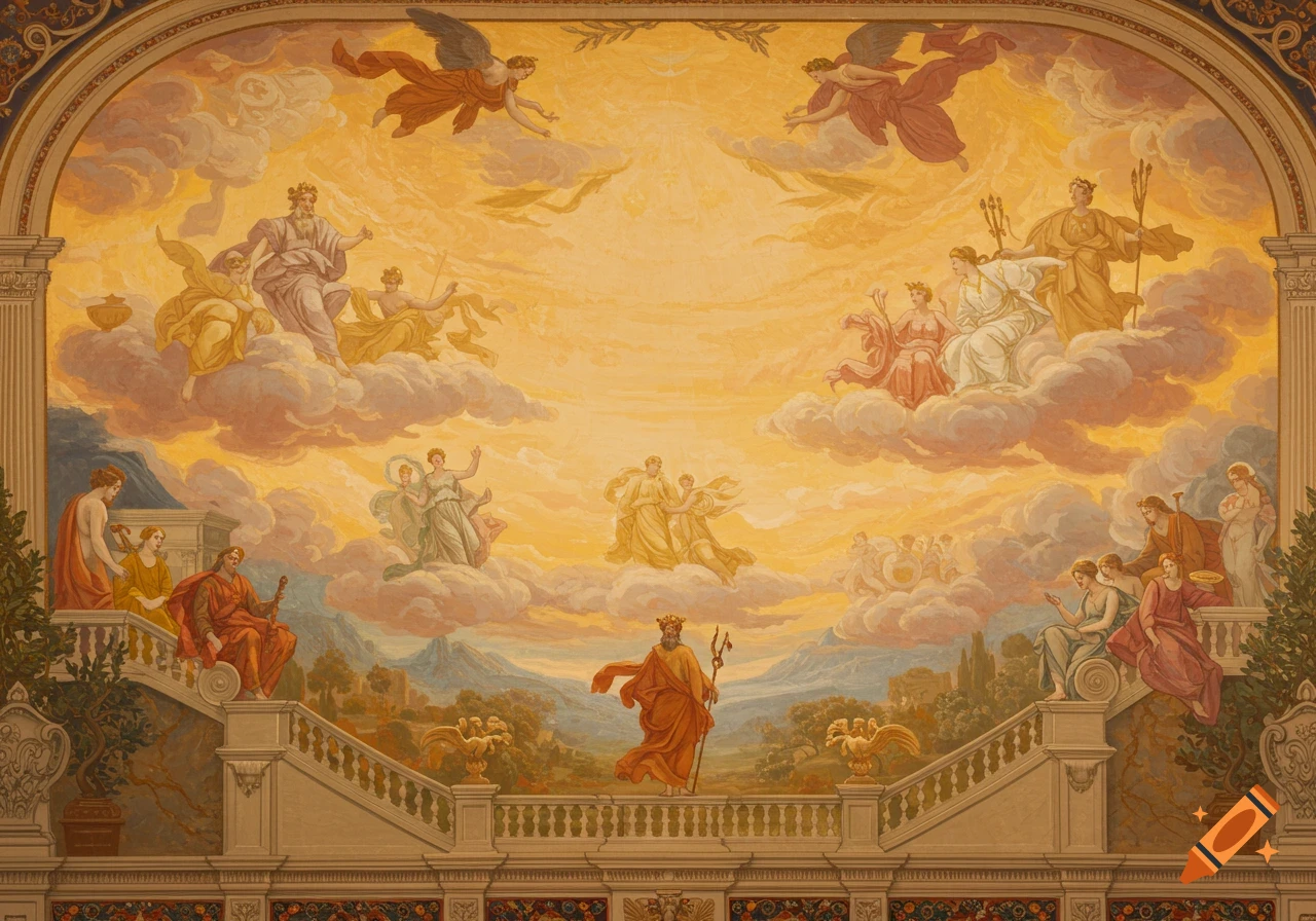 Classical mural painting depicting gods and angels on clouds above figures on stairs.