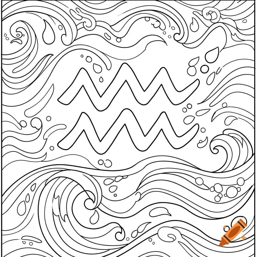Aquarius zodiac symbol coloring page with stylized waves.