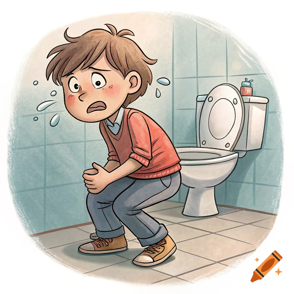 A cartoon boy looks distressed while squatting near a toilet in a bathroom.