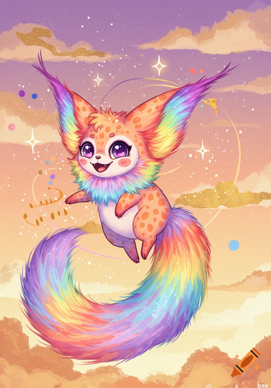 Cute rainbow fluffy fantasy creature flying in a pastel sky.
