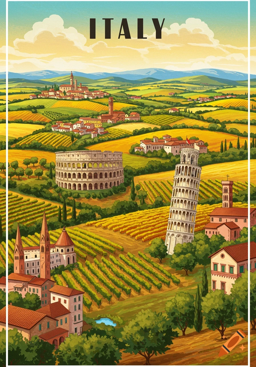 Illustrated landscape resembling a vintage travel poster showing Italian vineyards, the Colosseum, and the Leaning Tower of Pisa, with the text 'ITALY' at the top.