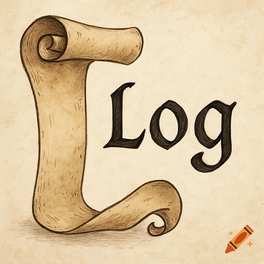 Illustration of a scroll shaped like a letter L next to the word Log.