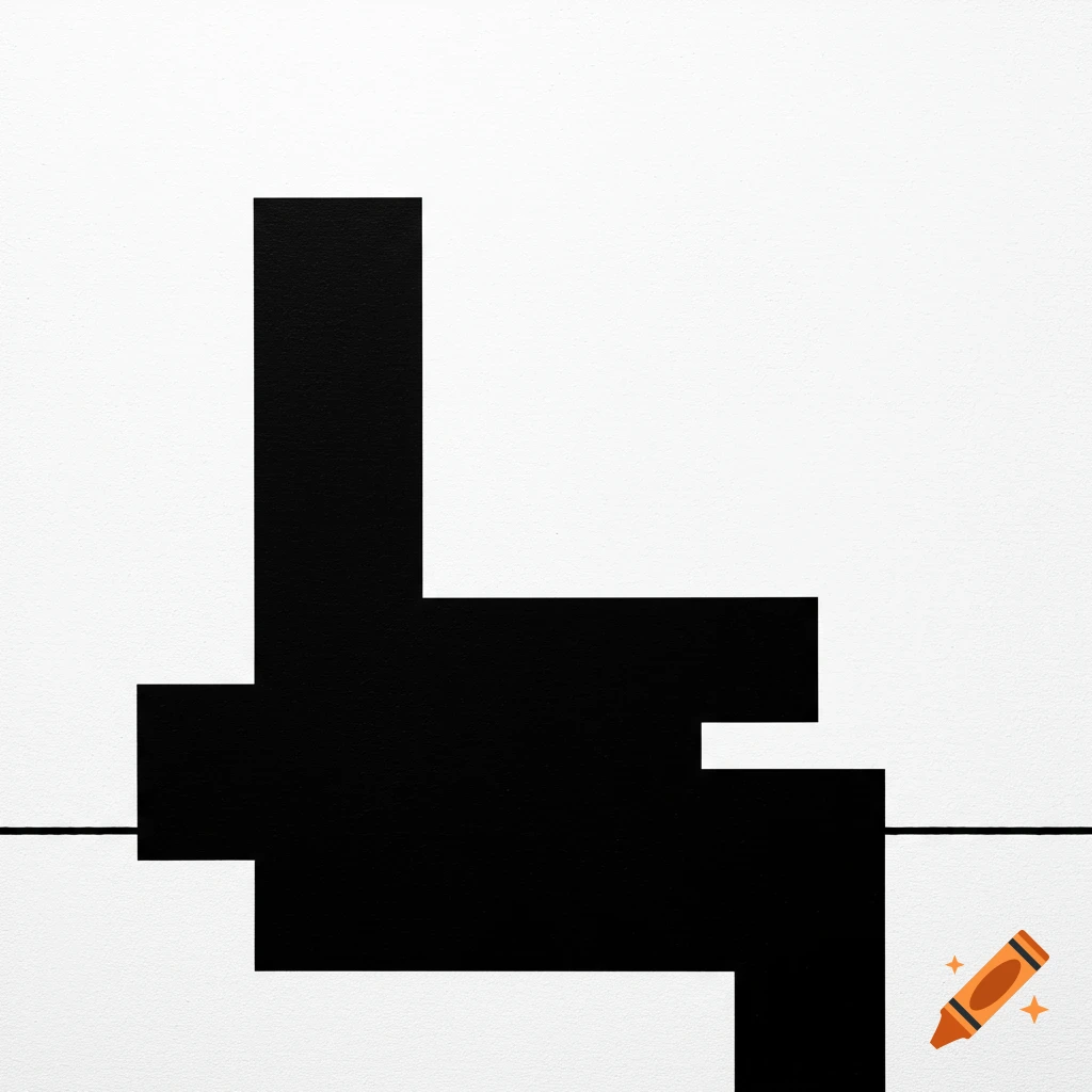 Black and white minimalist abstract painting with geometric shapes.
