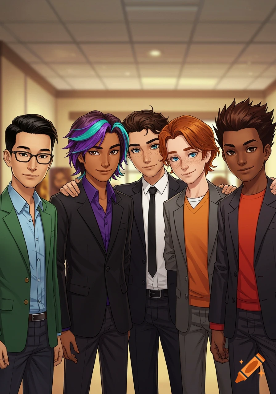 Five diverse teenage boys in anime style stand together in suits and jackets.