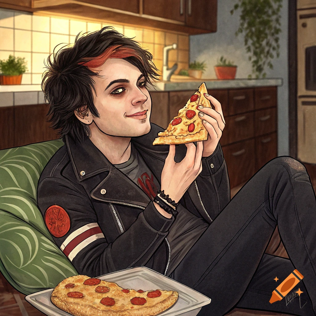 Stylized illustration of a person with dark hair and red streaks eating a slice of pizza.